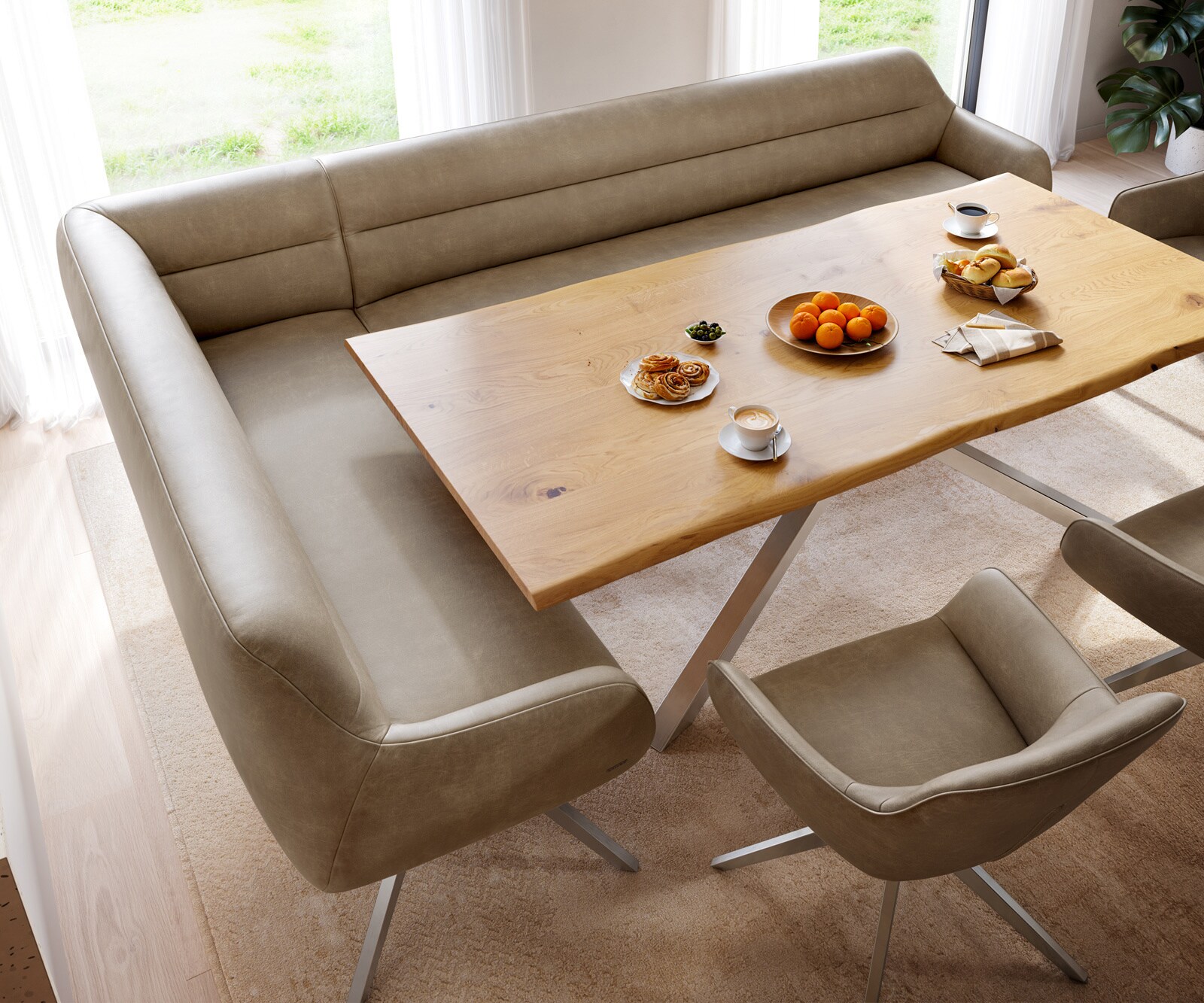 Esszimmerbank Taya-Flex 285x190 cm Mikrofaser Beige Vintage Kreuzgestell kantig Edelstahl Taschenfederkern Rechts 3