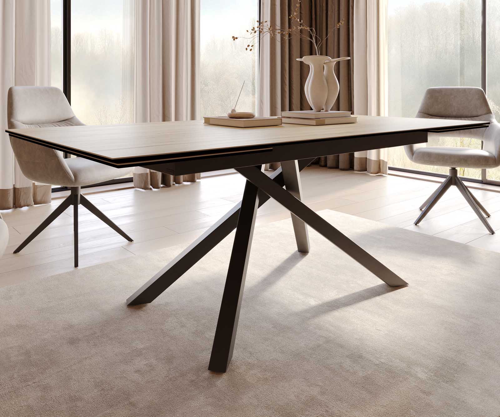 Esstisch Edge 200-300x100 Keramik Laminam® Sabbia Eichefarbig Kreuzgestell Rechteck Schwarz ausziehbar 5