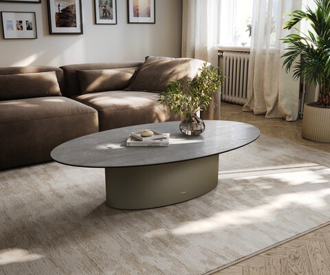 Couchtisch Edge Oval 135x80 cm Keramik Beton Grau Casilda Effektfinish Titan
