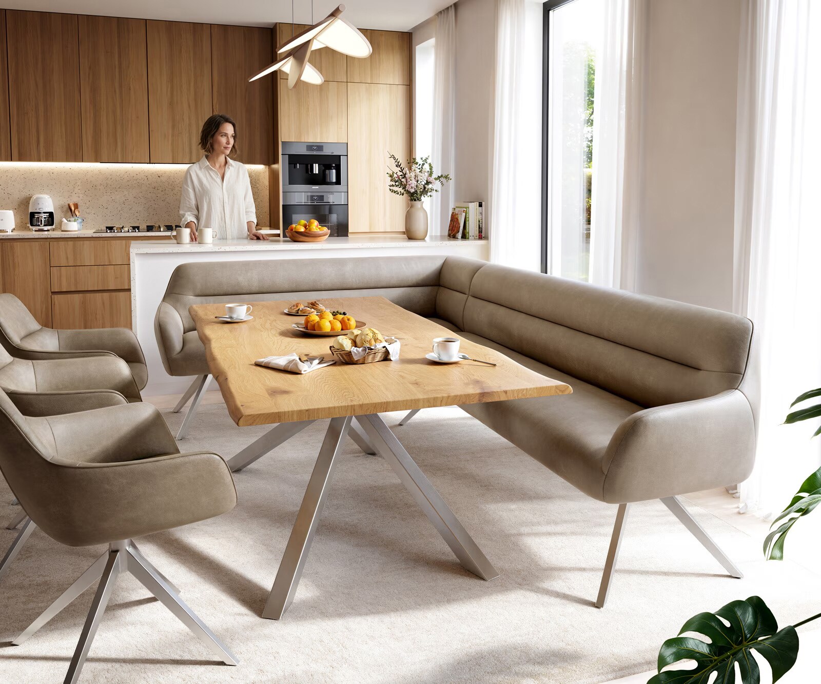 Esszimmerbank Taya-Flex 285x190 cm Mikrofaser Beige Vintage Kreuzgestell kantig Edelstahl Taschenfederkern Rechts