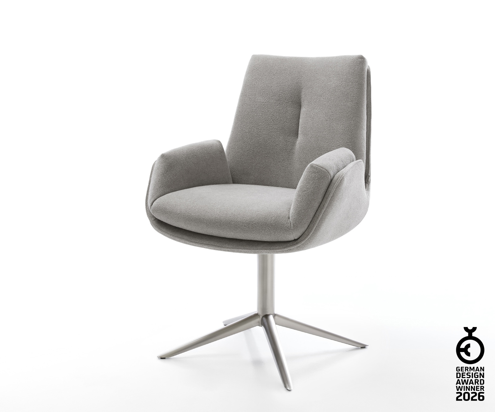 Drehstuhl Clea-Flex Strukturstoff Soft Grau Fußkreuz Edelstahl 360° drehbar Wippfunktion