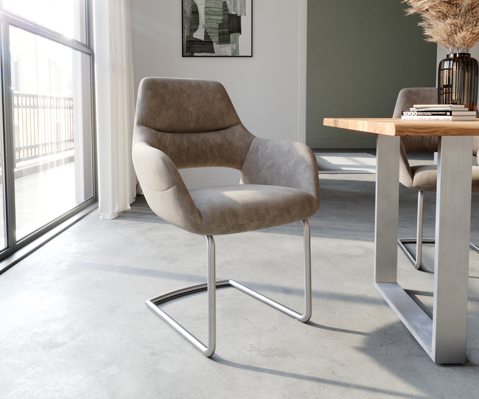 Freischwinger Yago-Flex mit Armlehnen Mikrofaser Taupe Vintage Freischwinge günstig online kaufen