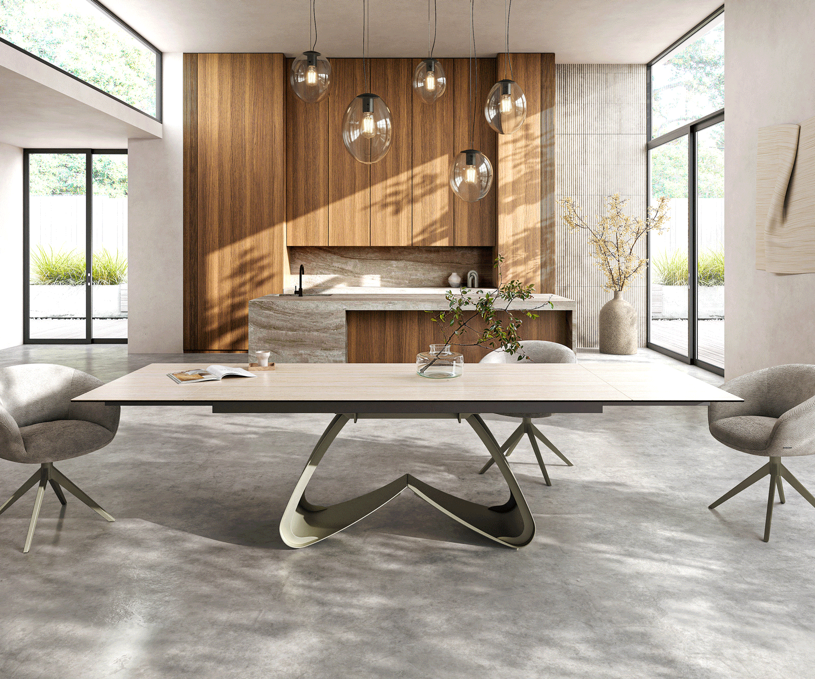 Esstisch Edge 200-300x100 Keramik Laminam® Travertino Bianco Creme-Weiß W-Gestell Effektfinish Titan ausziehbar 2