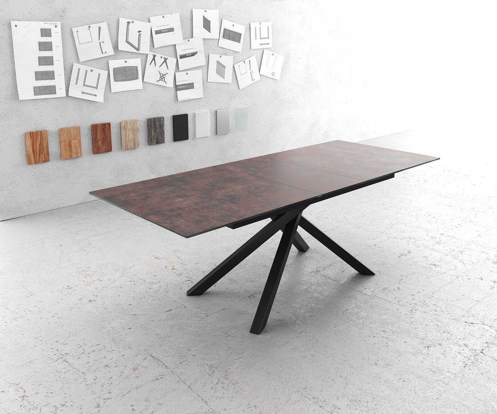 Esstisch Edge 180/220x90cm Glas Antique-braun Kreuzgestell Rechteck Schwarz Ausziehbar