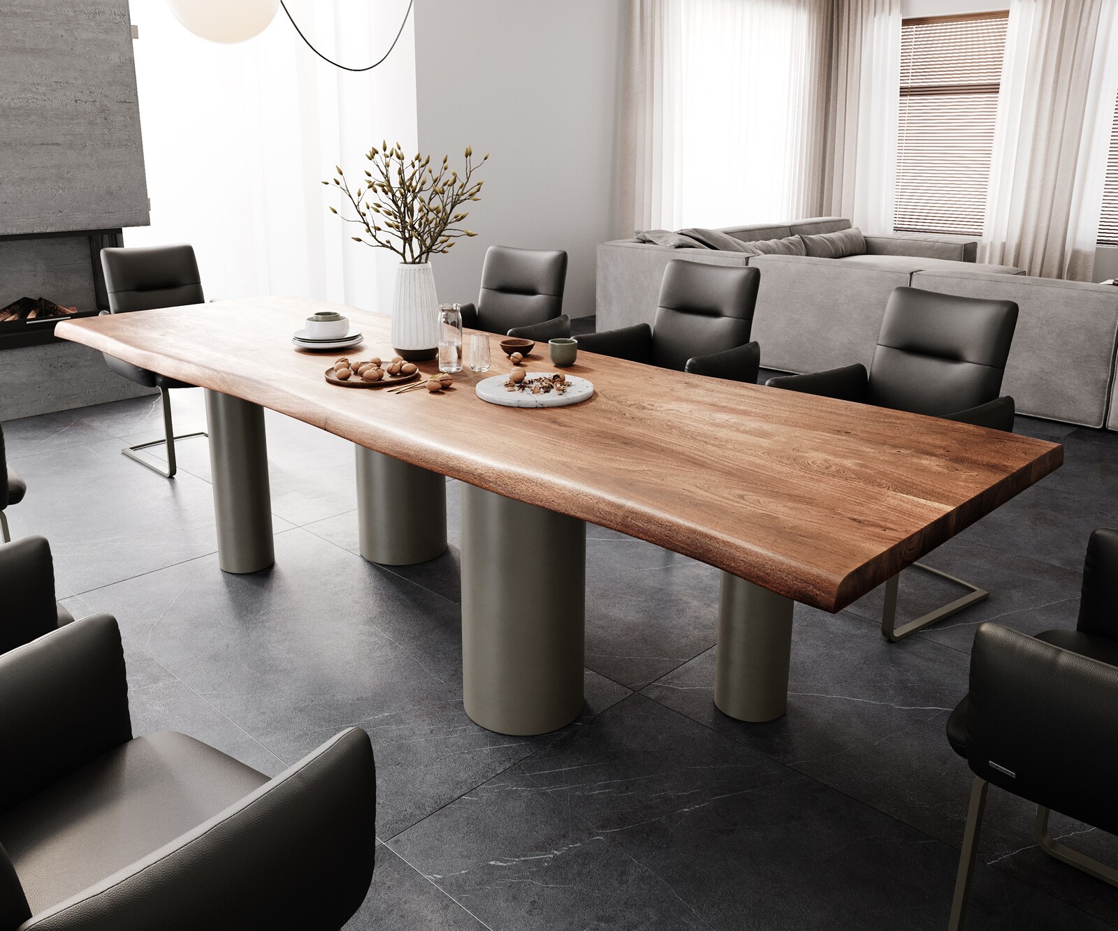 Delife Esstisch Edge 300x100 Xl Akazie Braun Pilier Metall Effektfinish Titan Live-Edge