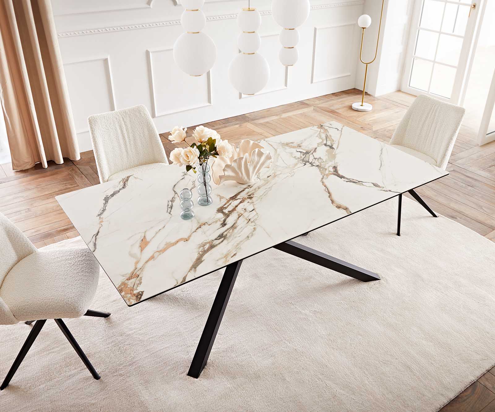 Esstisch Edge 200x100 Keramik Calacatta Luxe Weiß-Gold-Grau Kreuzgestell Rechteck Schwarz 5