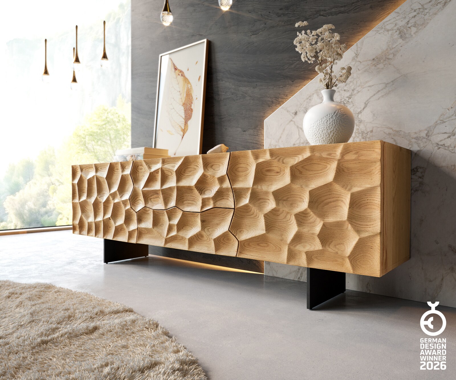 Lowboard Solu 175 cm Eiche Natur 2 Türen 2 Schübe Fuß schwebend Metall Schwarz 3D-Front