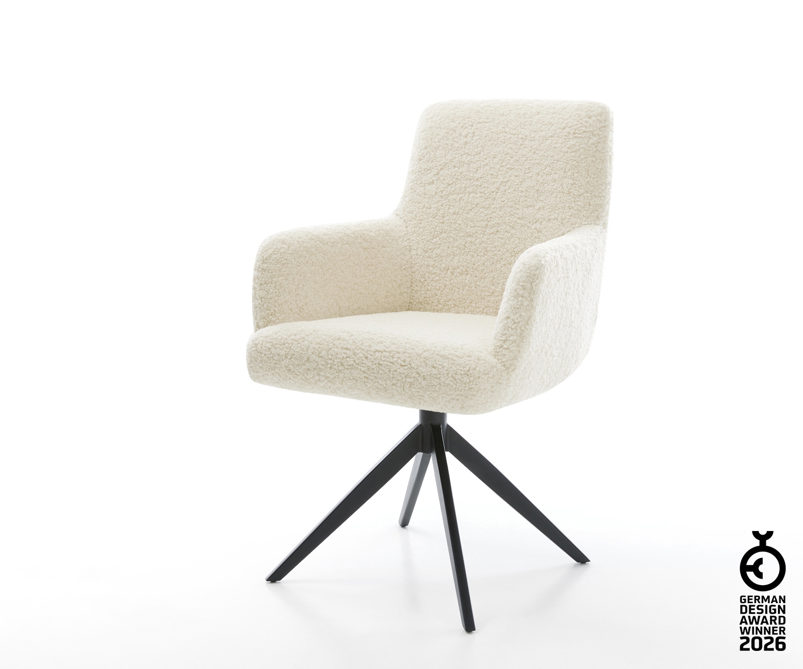 Drehstuhl Heira-Flex mit Armlehnen Teddystoff Beige Kreuzgestell breit Schwarz 360° drehbar Wippfunktion Taschenfederkern