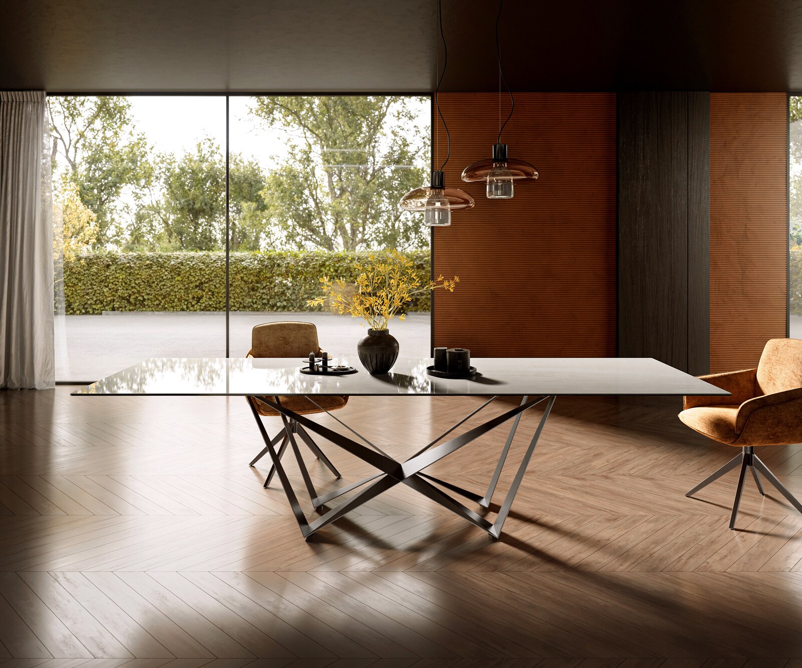 Esstisch Edge 300x100 cm Keramik Onyx Champagne Spider Flachstahl Edelstahl Graphit 1
