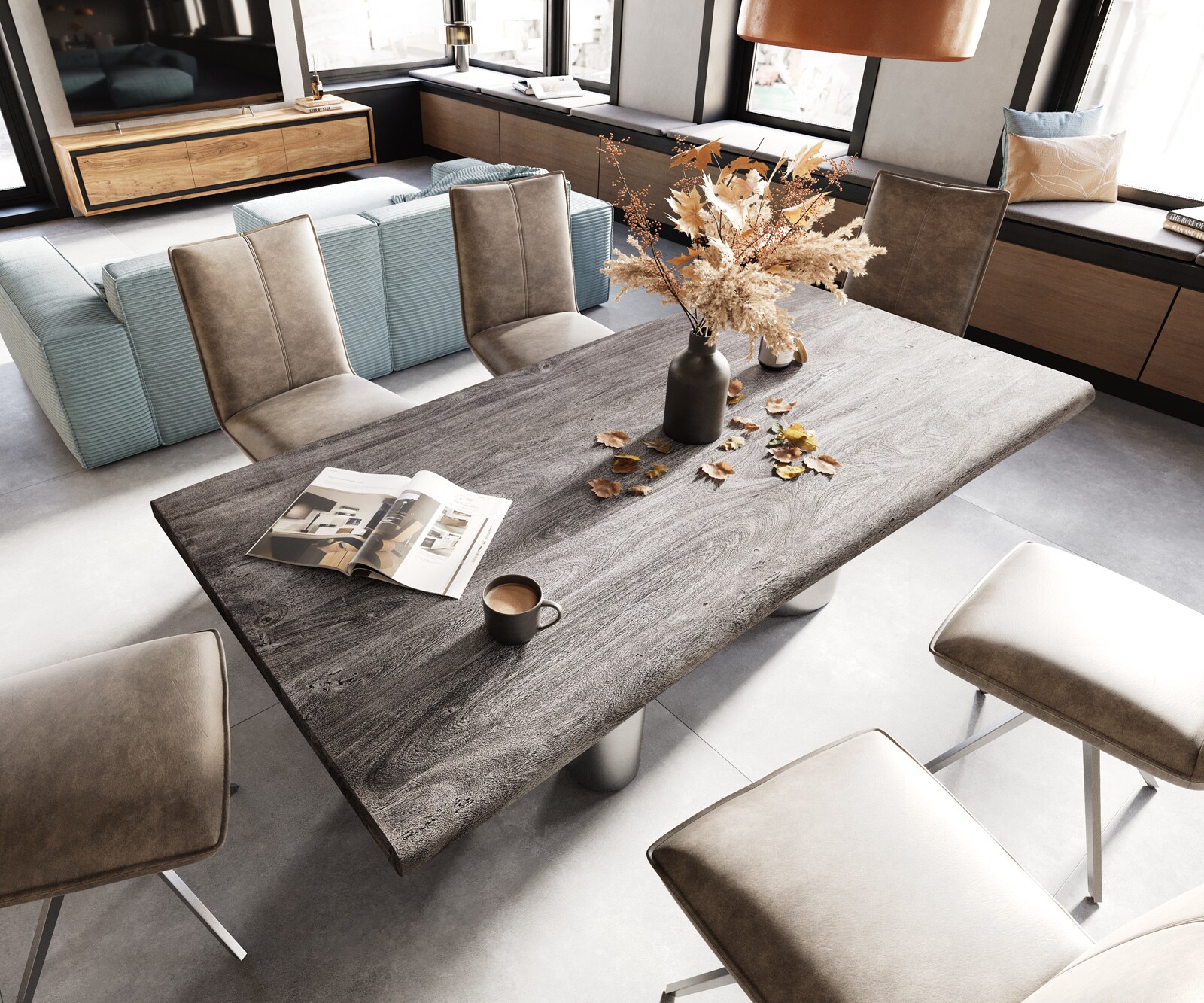 Esstisch Edge 200x100 XL Akazie Platin Troa Edelstahl gebürstet Live-Edge 4