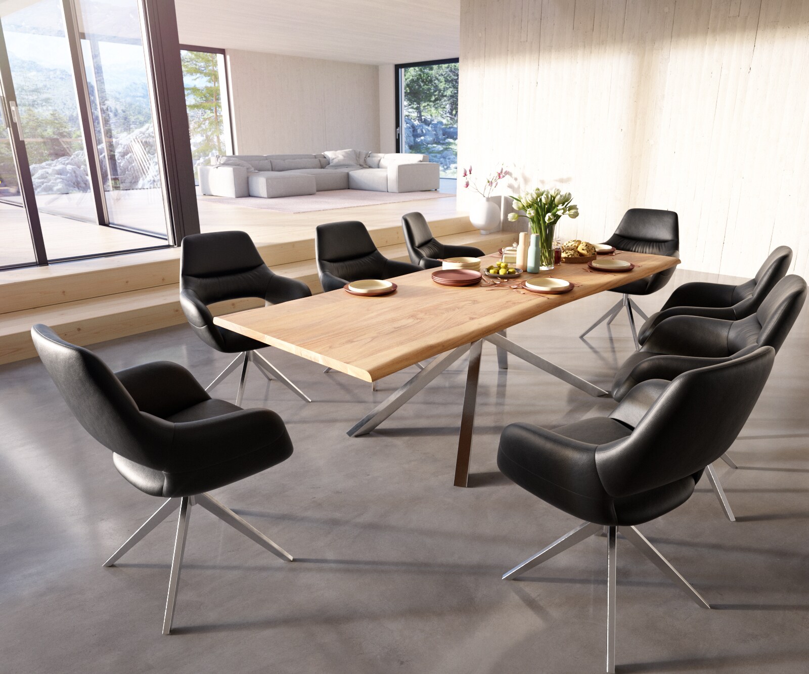 Esstisch Edge 260x100 Akazie Natur Kreuzgestell Rechteck Edelstahl Live-Edge 5