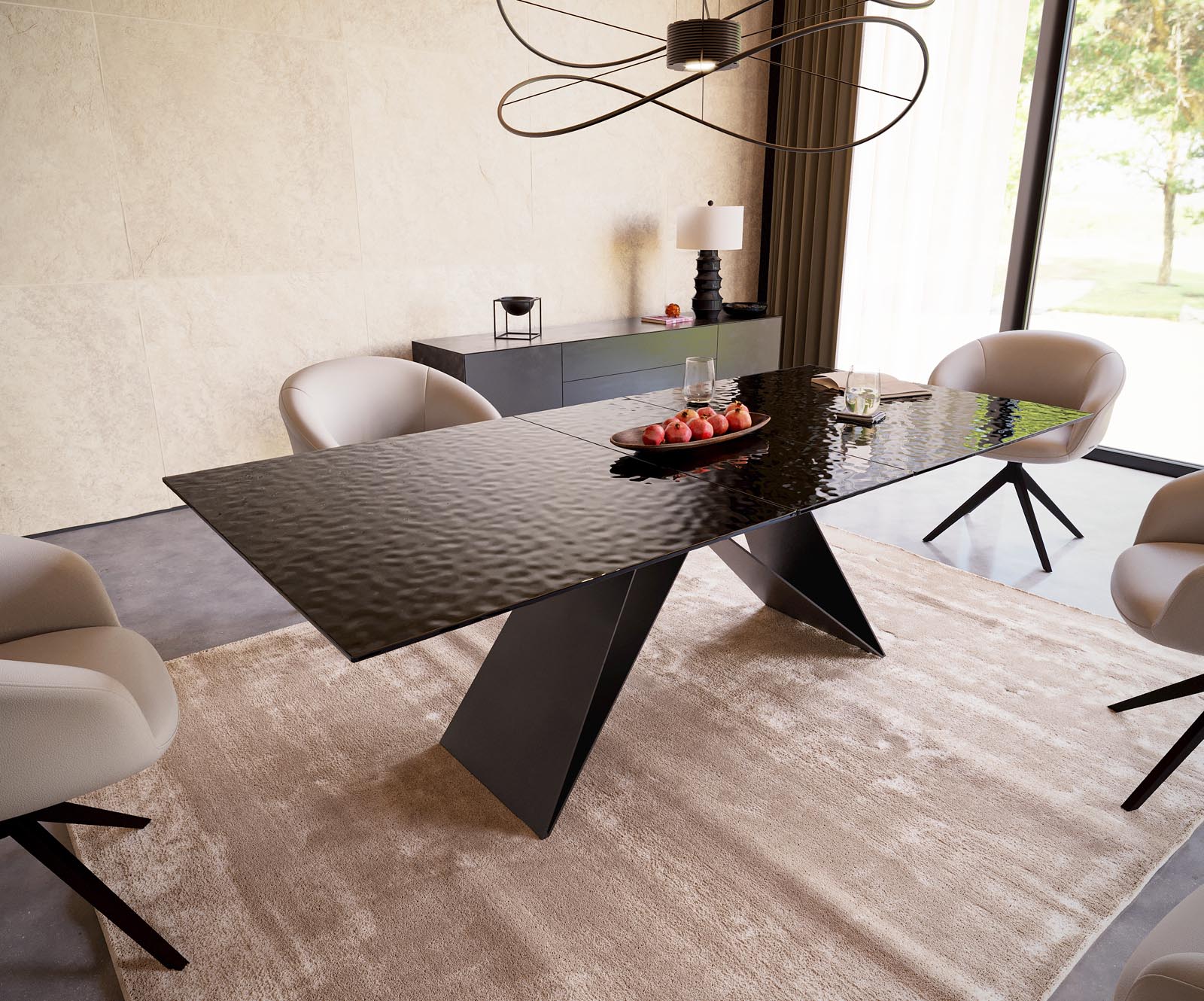 Esstisch Edge 180-220x100 Reliefglas Rauchschwarz 3D-Design V-Gestell Flachstahl Schwarz ausziehbar 1