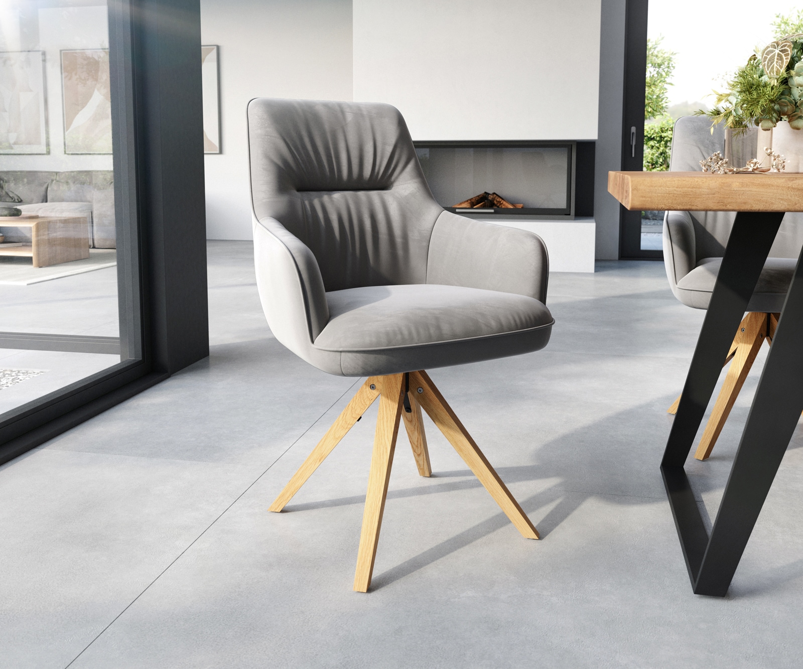 Esszimmerstuhl Zelia-Flex mit Armlehnen Samt Grau Holzgestell kantig Natur Taschenfederkern Esszimmerstuhl Zelia-Flex mit Armlehnen Samt Grau Holzgestell kantig Natur Taschenfederkern