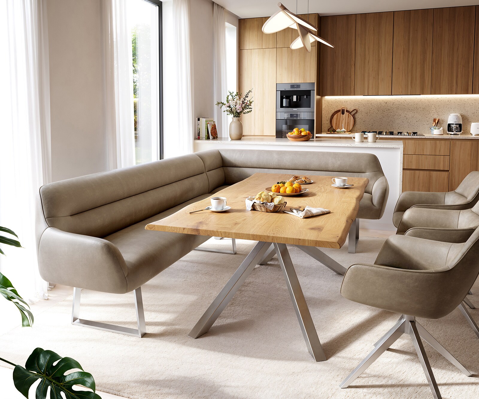 Esszimmerbank Taya-Flex 285x190 cm Mikrofaser Beige Vintage Kufengestell kantig Edelstahl Taschenfederkern Links 1