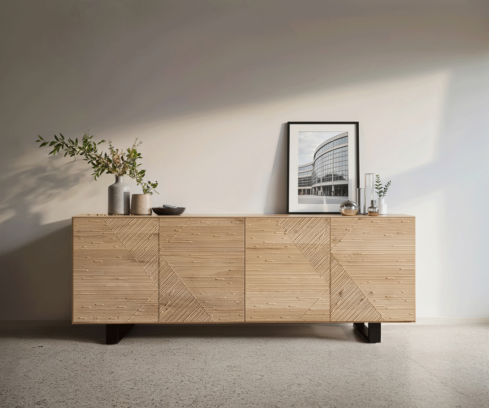 Sideboard Tereos 200 cm Eiche Natur 3D Effekt 4 Türen Kufe Metall Schwarz 1
