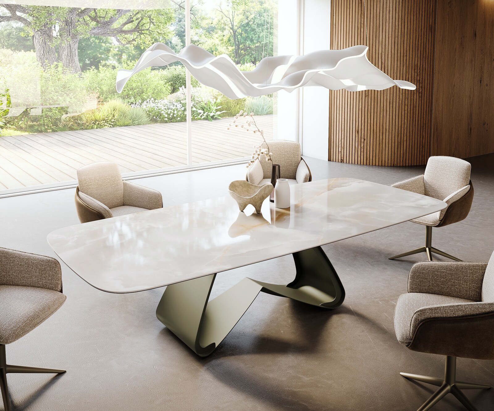 Esstisch Edge Boot 270x120 cm Keramik Iris FMG Onice Grigio W-Gestell Metall Effektfinish Titan 1