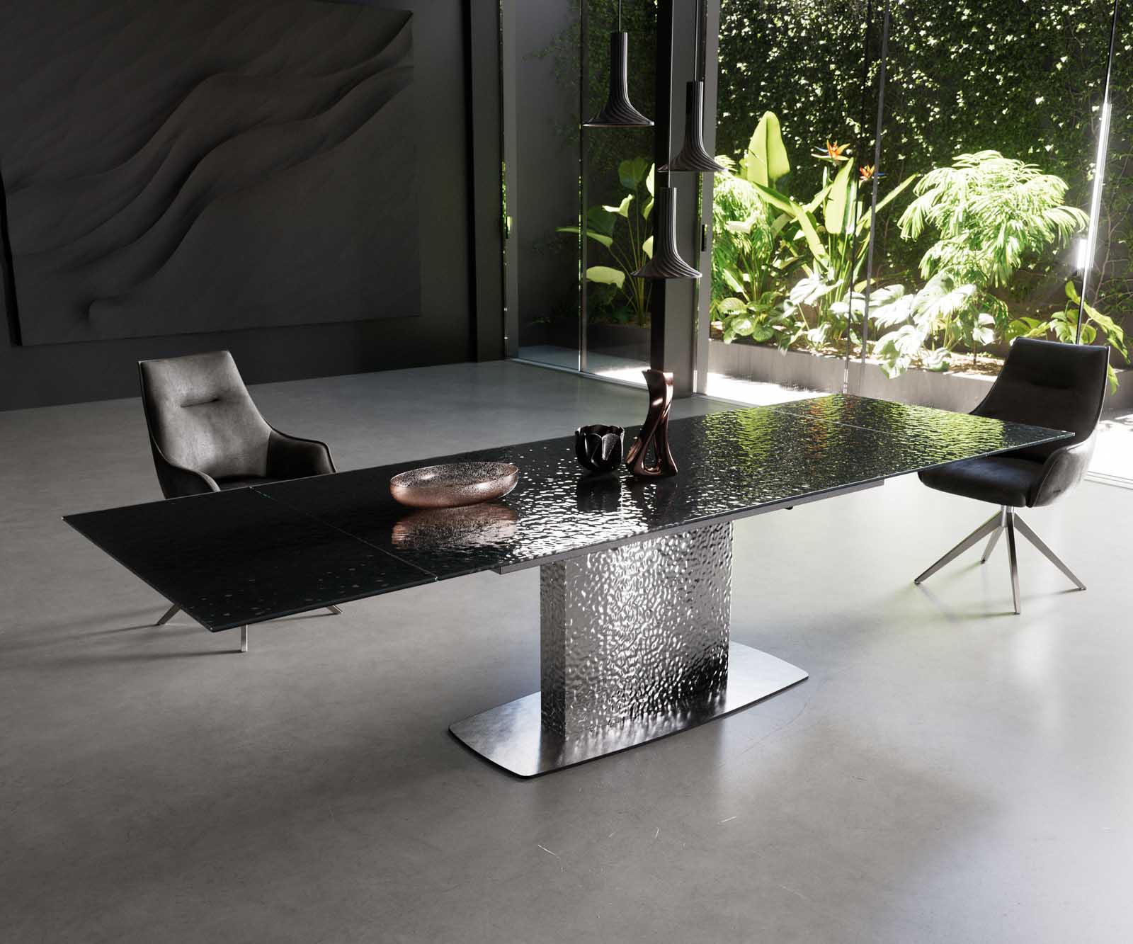 Esstisch Edge 200-300x100 Reliefglas Rauchschwarz 3D-Design Wave Edelstahl ausziehbar 1