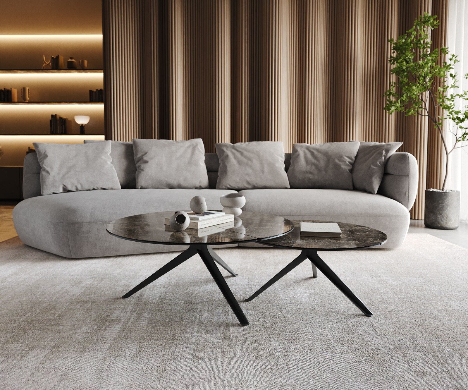 Couchtisch Delron 70x70 cm Keramik Emperador Extra Lucidato Dunkelbraun Kreuzfuß Flach Metall Schwarz 7