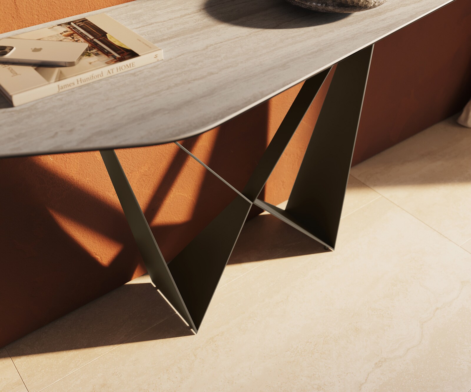 Konsolentisch Edge Polygonal 180x50 cm Keramik Laminam® Travertino Bianco Creme-Weiß Spios Metall Effektfinish Titan 5