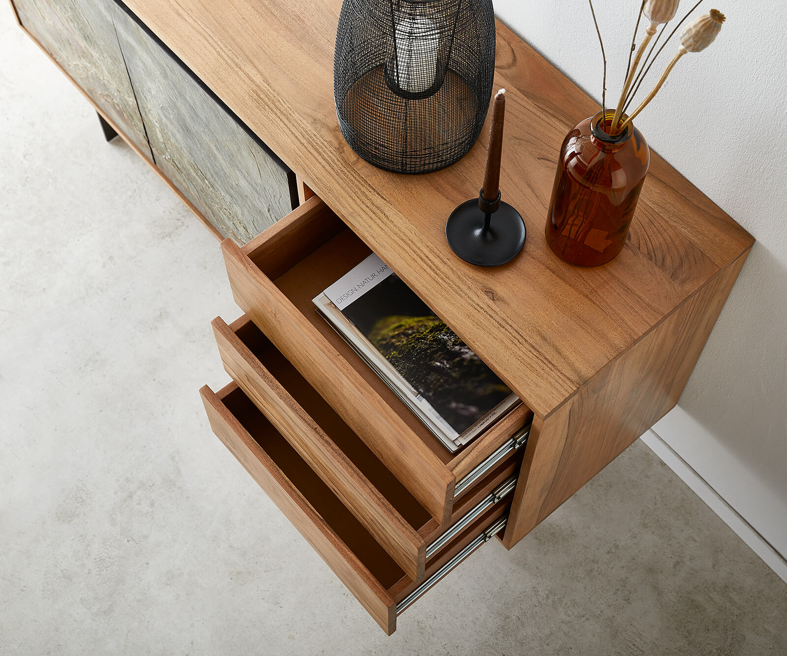 Sideboard Juwelo 150 cm Akazie Natur mit Steinfurnier  5