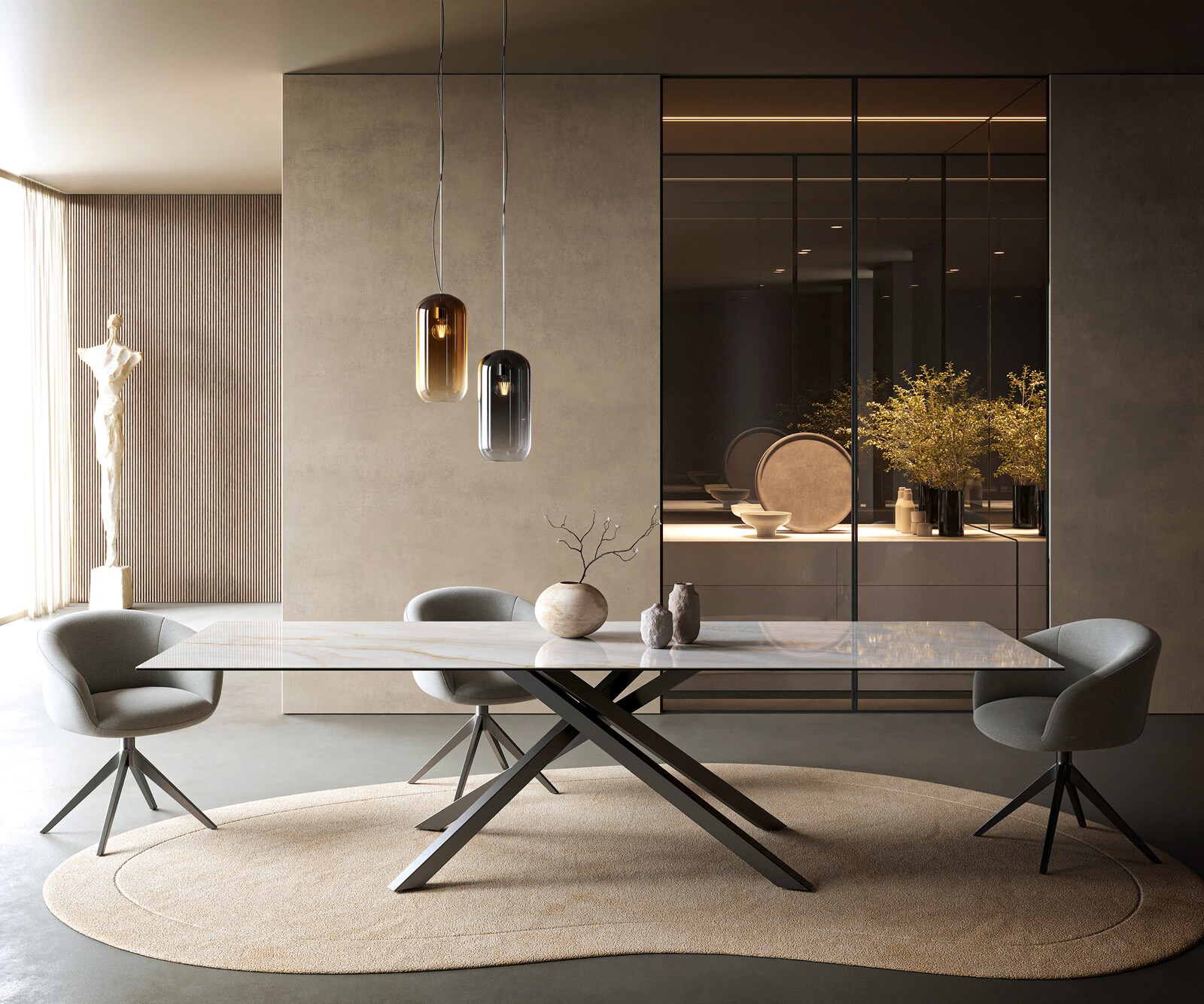 Esstisch Edge 300x100 cm Keramik Onyx Pearl Kreuzgestell Rechteck Edelstahl Graphit 2