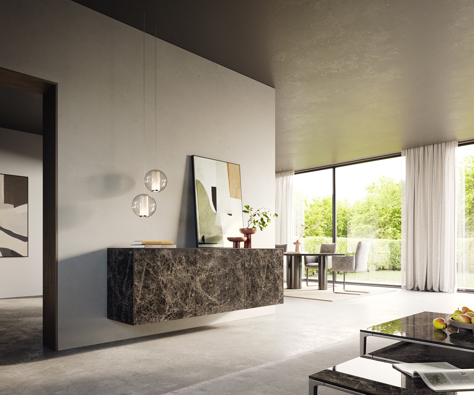 Sideboard Cuor 180 cm Keramik Laminam® Emperador Extra Lucidato Dunkelbraun 2 Türen 3 Schubfächer Schwebend 7