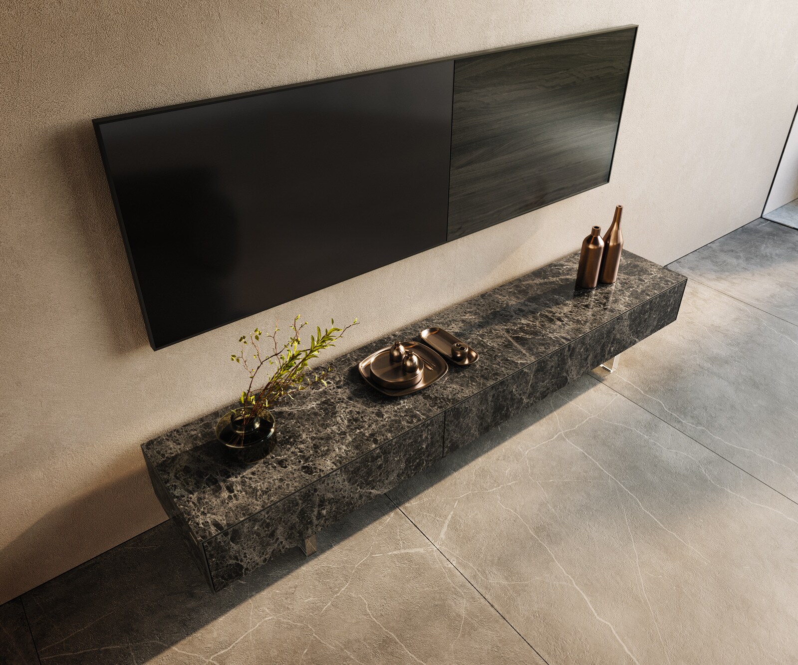 Lowboard Cuor 200 cm Keramik Laminam® Emperador Extra Lucidato Dunkelbraun 1 Klappe 1 Schubfach Fuß Schwebeoptik Acrylglas 3