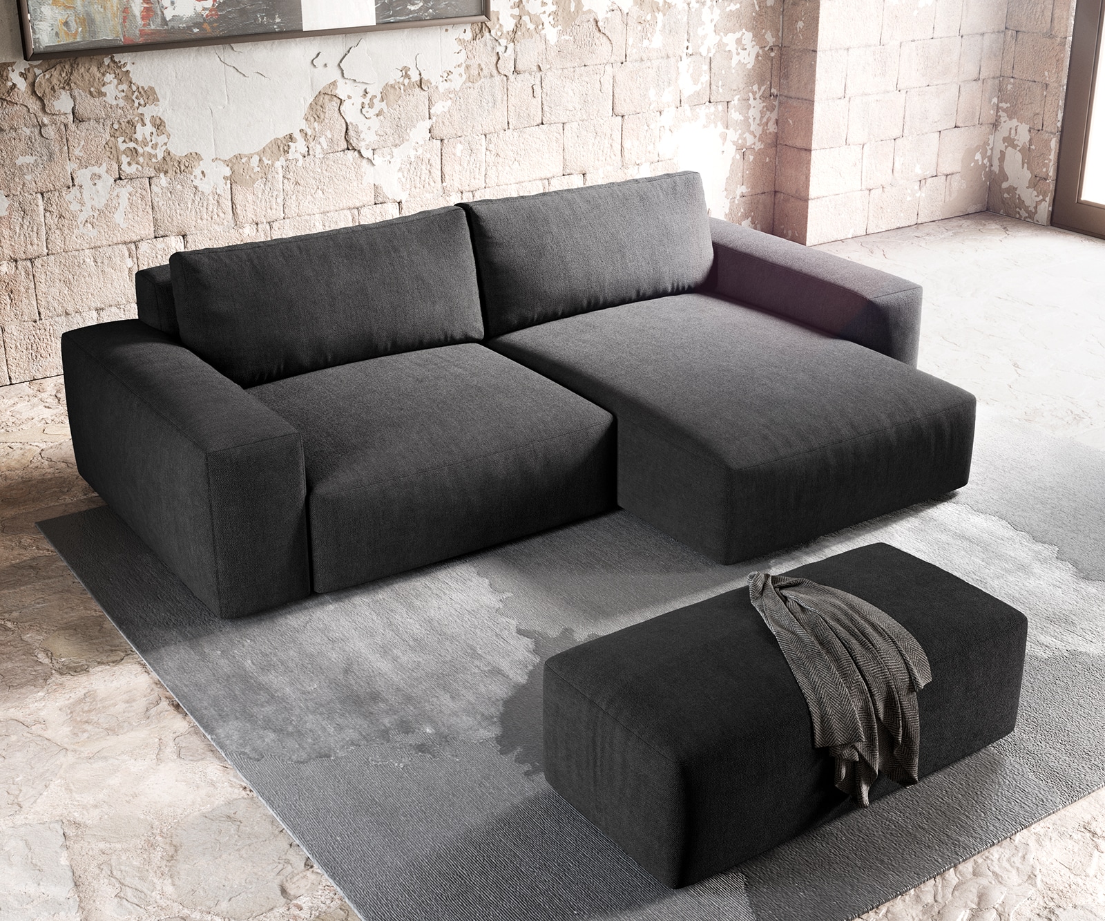 Ecksofa Lanzo XL 270x180 cm Mikrofaser Schwarz Recamiere variabel mit Hocker 4