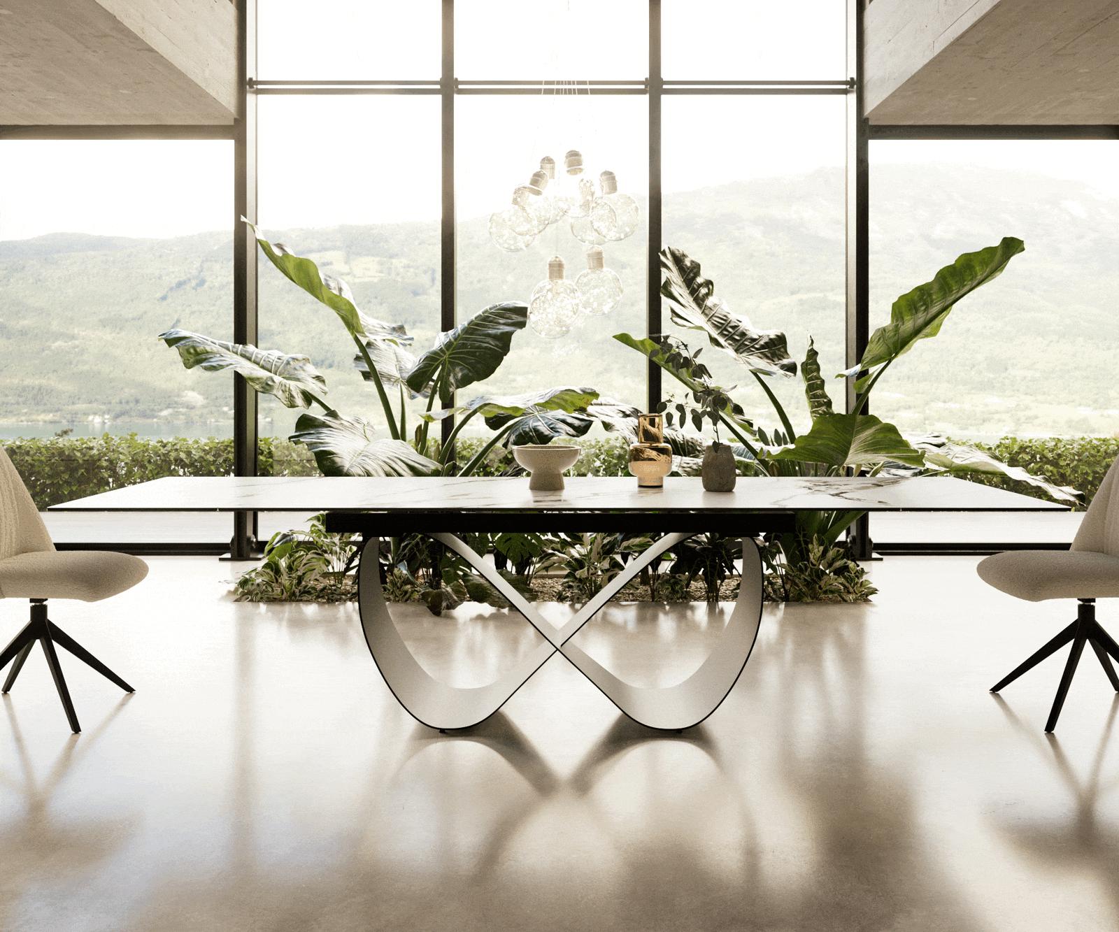 Esstisch Edge 200-300x100 cm Keramik Calacatta Luxe Weiß-Gold-Grau Infinity Metall Schwarz ausziehbar 1
