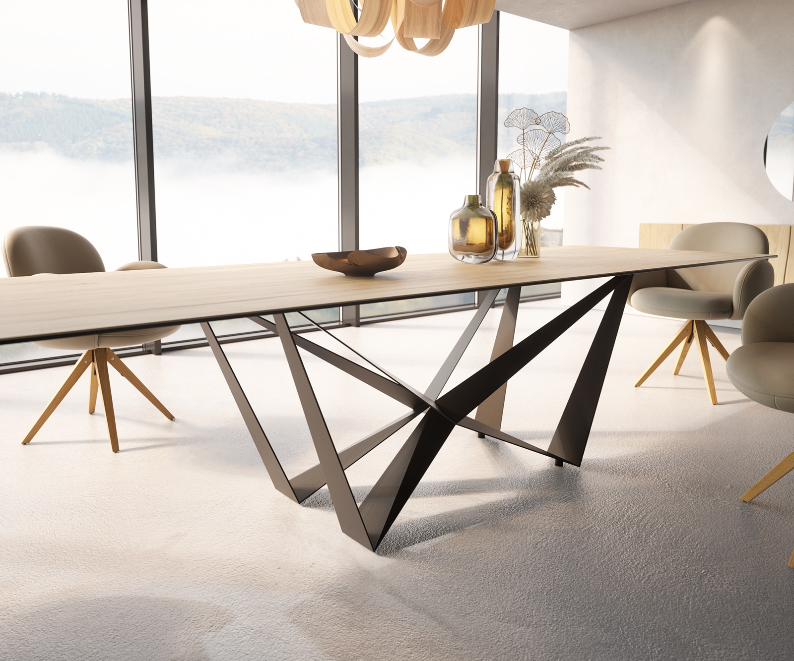 Esstisch Edge 300x100 Keramik Laminam® Sabbia Eichefarbig Spider Flachstahl Schwarz 5