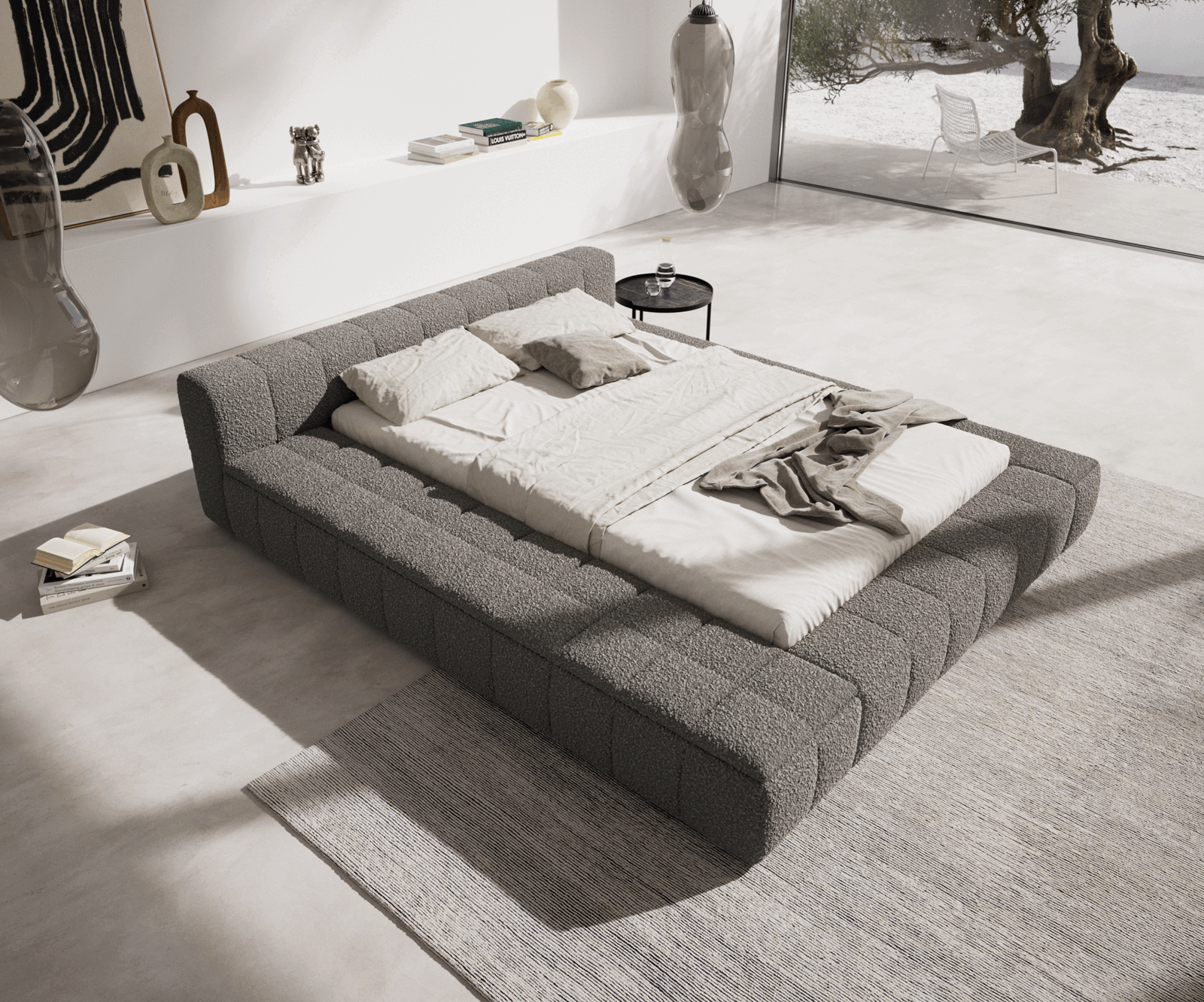 Polsterbettgestell Espazio 140x200 cm Bouclé Silbergrau mit Stauraum 1