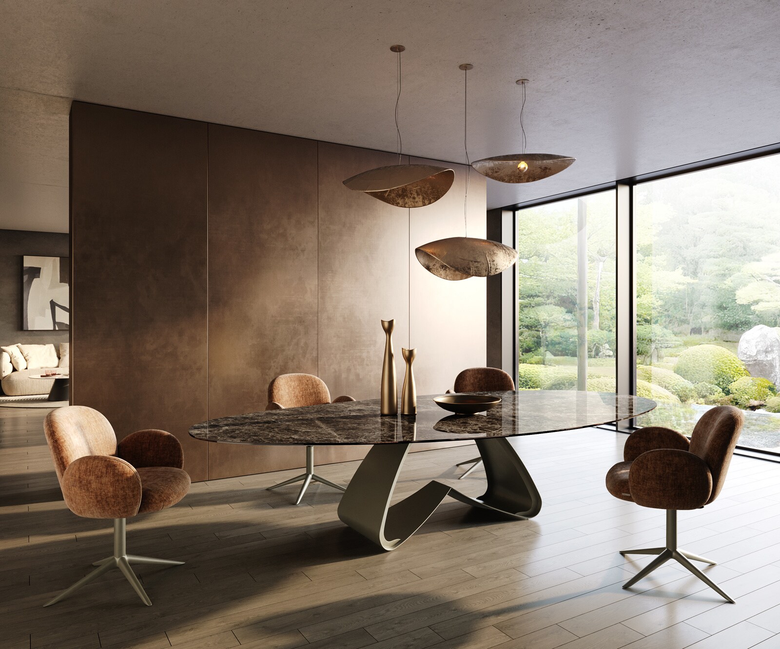 Esstisch Edge Oval 315x150 cm Keramik Emperador Extra Lucidato Dunkelbraun W-Gestell Metall Effektfinish Titan 6