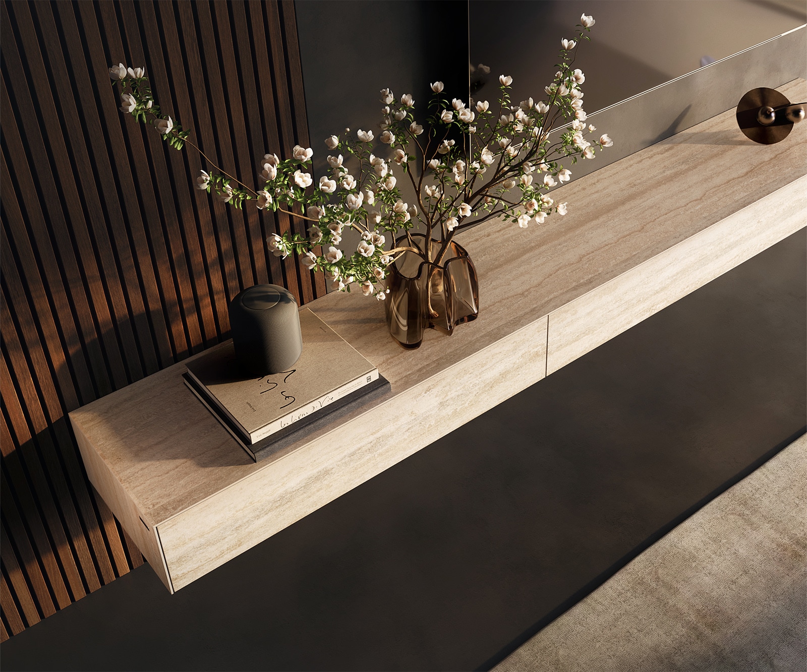 Lowboard Cuor 250 cm Keramik Laminam® Travertino Bianco Creme-Weiß 1 Klappe 1 Schubfach Schwebend 4