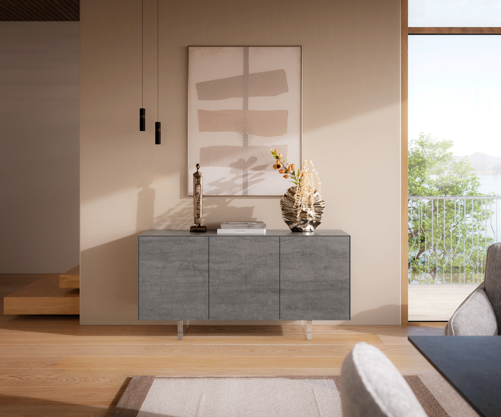 Sideboard Cuor 150 cm Keramik Beton Grau 3 Türen Fuß Schwebeoptik Acrylglas 2