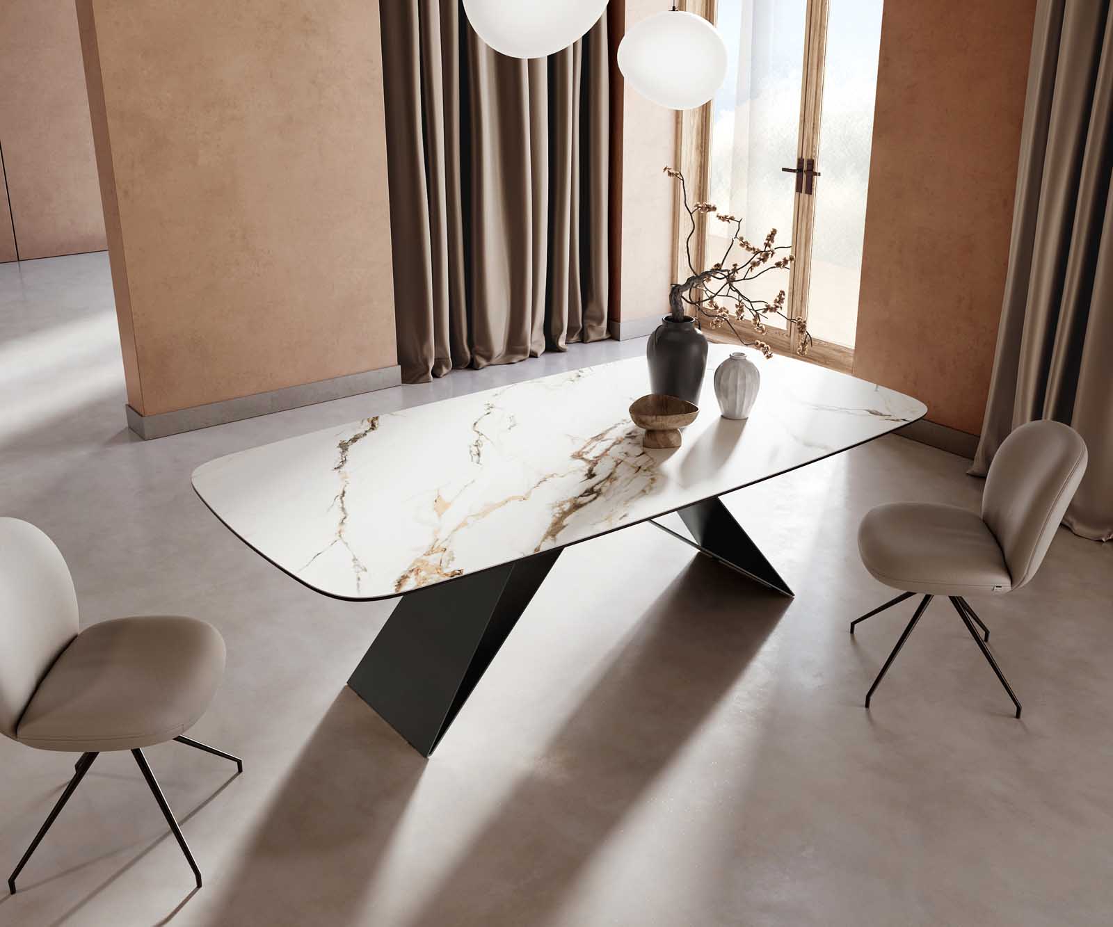 Esstisch Edge Boot 240x120 Keramik Calacatta Luxe Weiß-Gold-Grau V-Gestell Flachstahl Schwarz 5