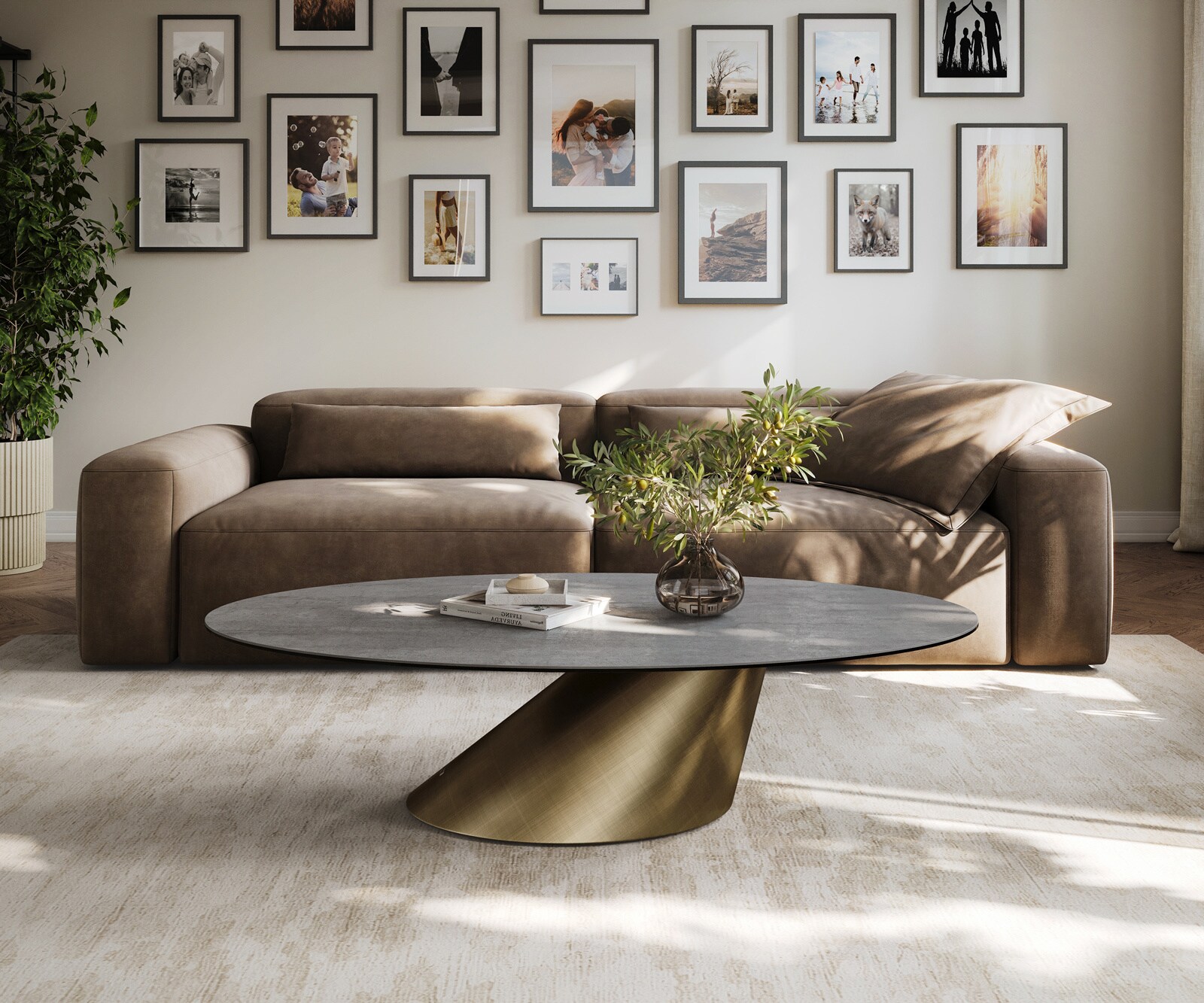 Couchtisch Edge Oval 140x80 cm Keramik Beton Grau Conis Metallic Gold 1