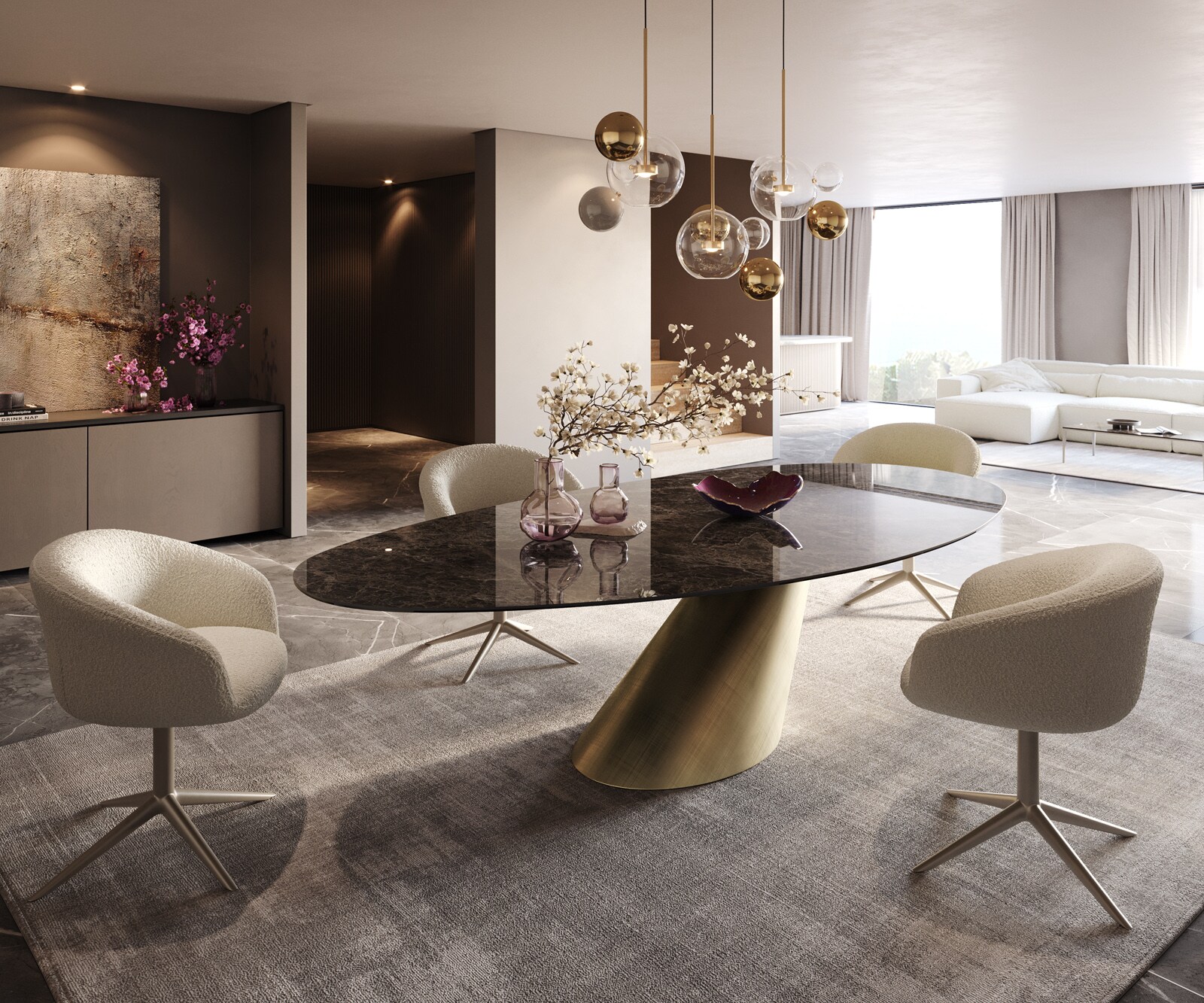 Esstisch Edge Oval 280x130 Keramik Emperador Extra Lucidato Dunkelbraun Cono Metallic Gold 6