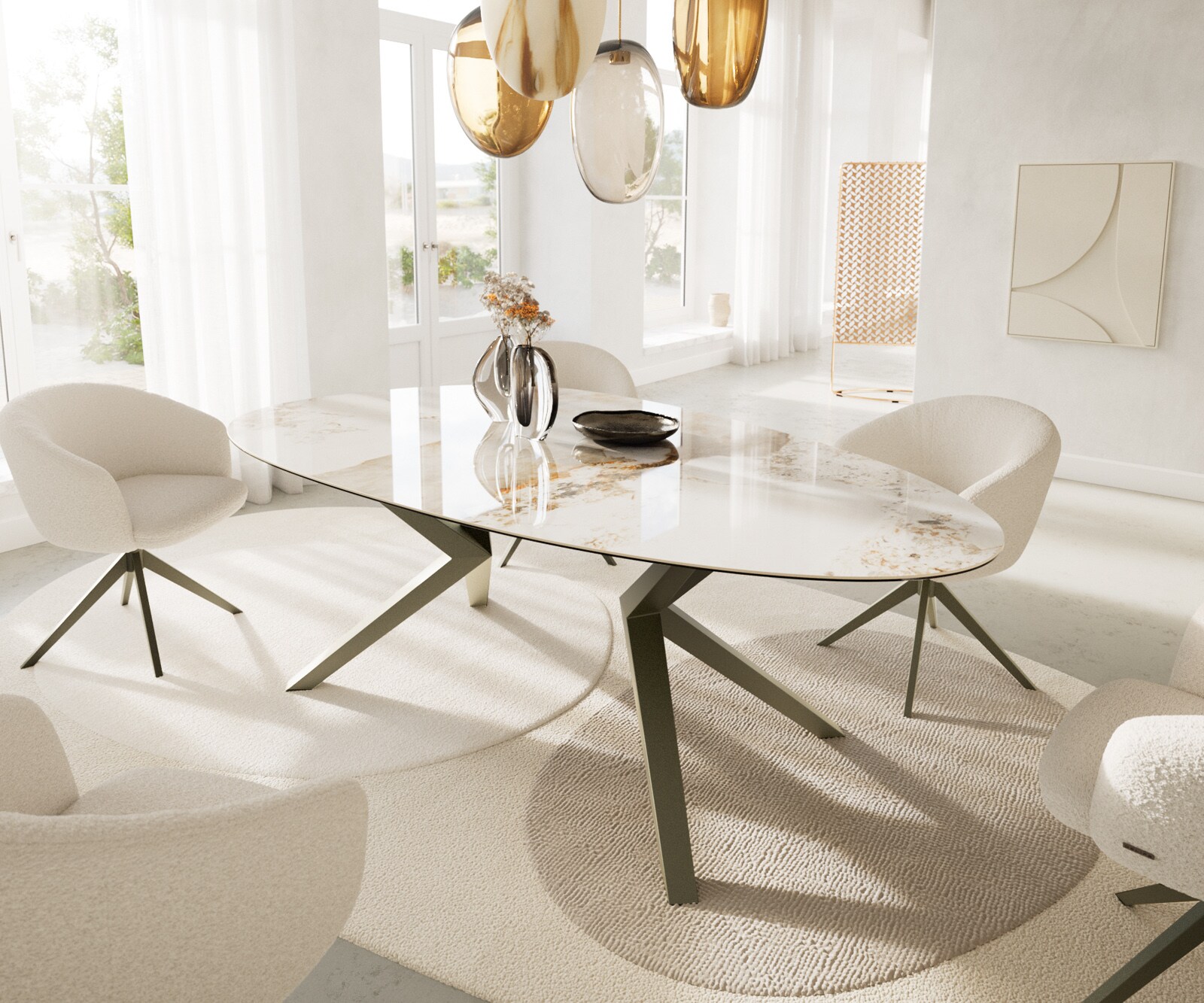 Esstisch Edge Oval 220x120 Keramik Minas Melange Weiß-Beige Zenthara kantig Metall Effektfinish Titan 1