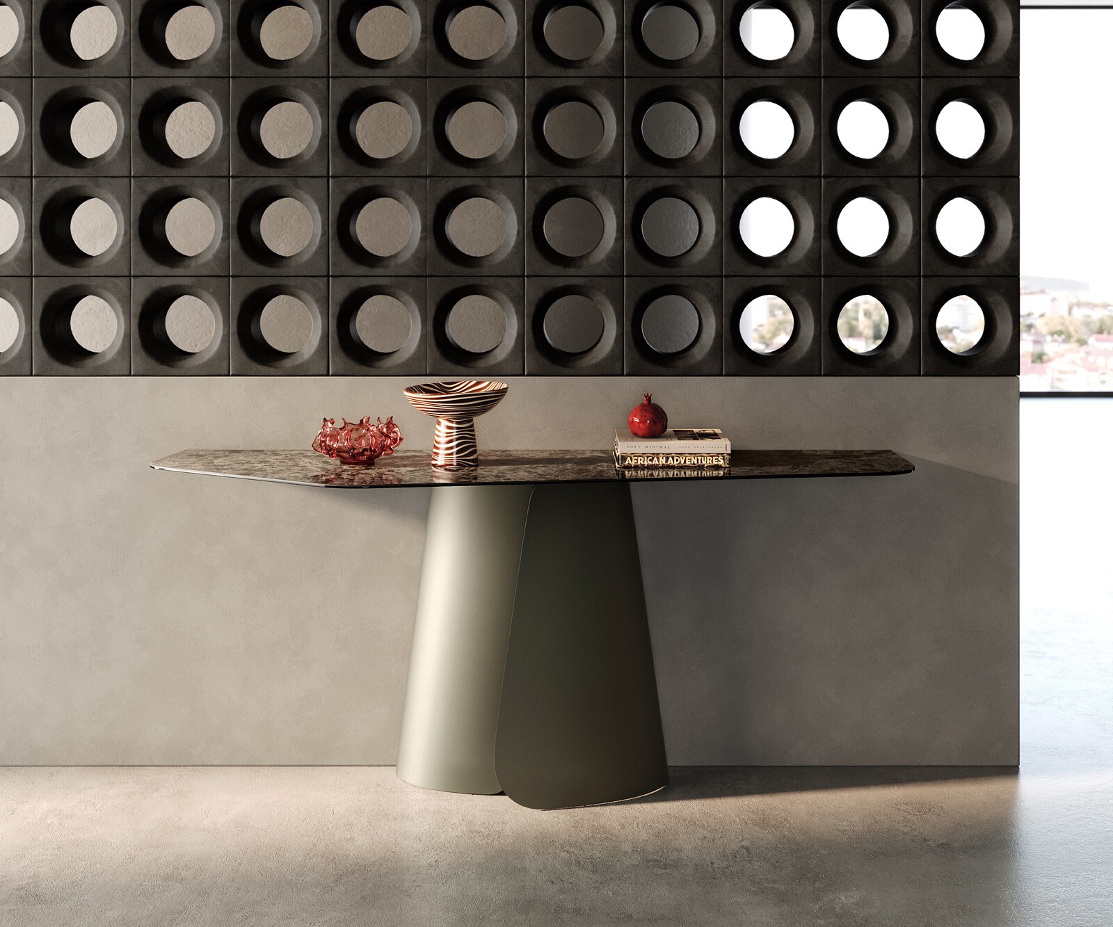 Konsolentisch Edge Polygonal 180x50 cm Keramik Emperador Extra Lucidato Dunkelbraun Livos Metall Effektfinish Titan 3