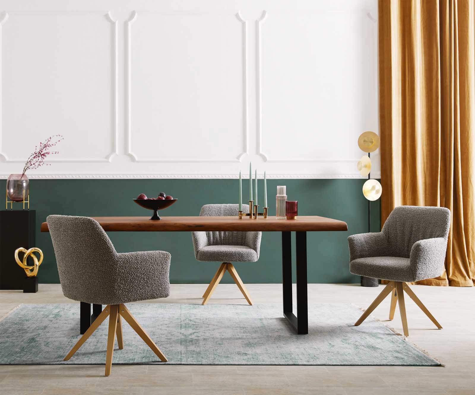 Drehstuhl Xana-Flex mit Armlehnen Bouclé Silbergrau Holzgestell kantig Natur 180° drehbar Taschenfederkern 5 Drehstuhl Xana-Flex mit Armlehnen Bouclé Silbergrau Holzgestell kantig Natur 180° drehbar Taschenfederkern 5