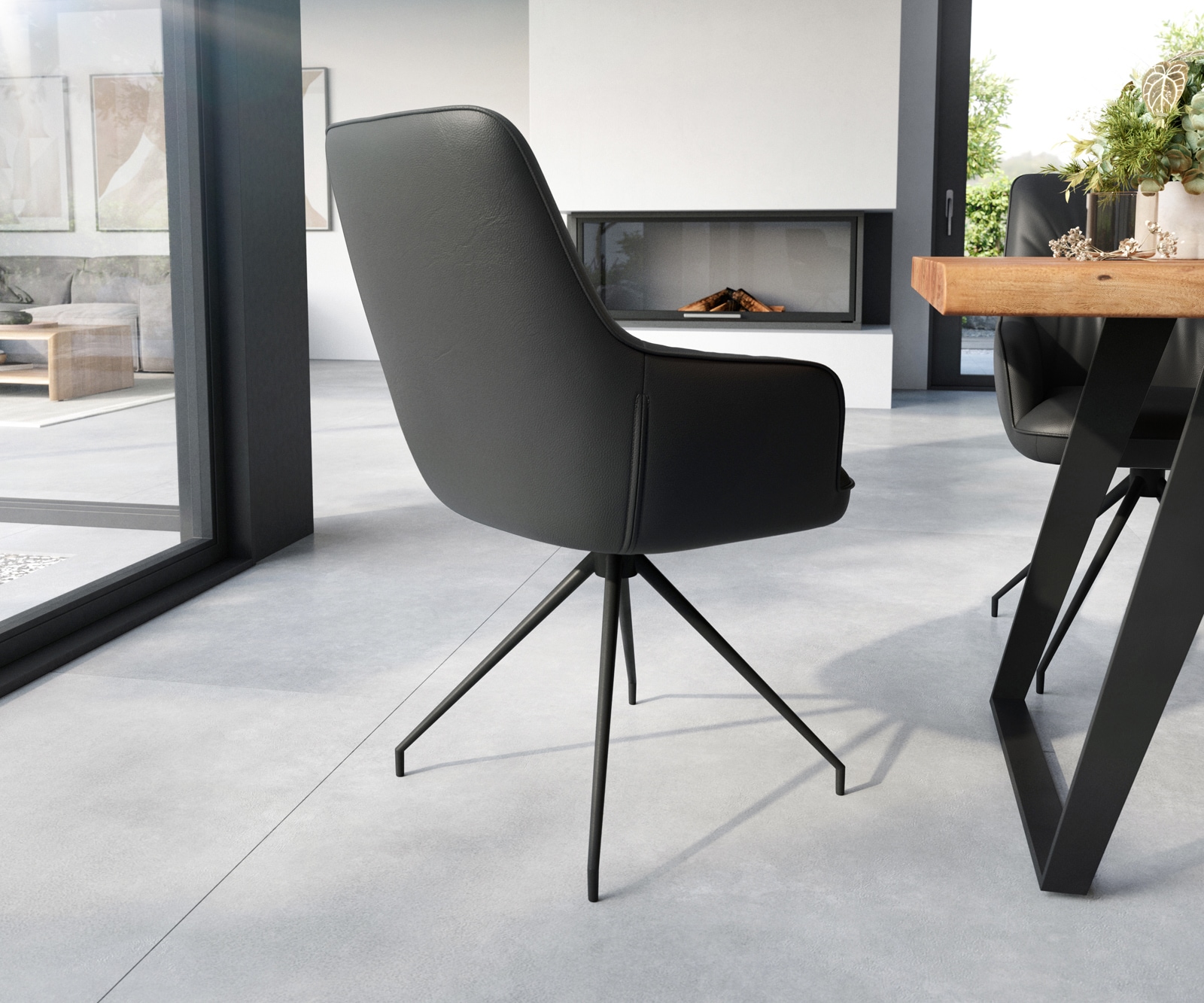 Esszimmerstuhl Zelia-Flex mit Armlehnen Echt-Leder Schwarz Kreuzgestell konisch Schwarz Taschenfederkern 4 Esszimmerstuhl Zelia-Flex mit Armlehnen Echt-Leder Schwarz Kreuzgestell konisch Schwarz Taschenfederkern 4