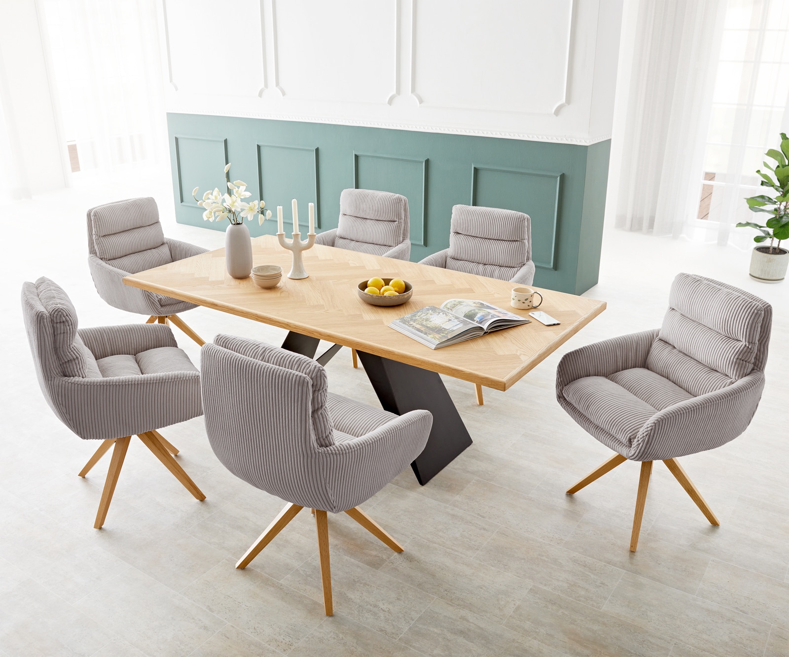 Esszimmerstuhl Abelia-Flex mit Armlehnen Cord Silbergrau Holzgestell kantig Natur 3 Esszimmerstuhl Abelia-Flex mit Armlehnen Cord Silbergrau Holzgestell kantig Natur 3