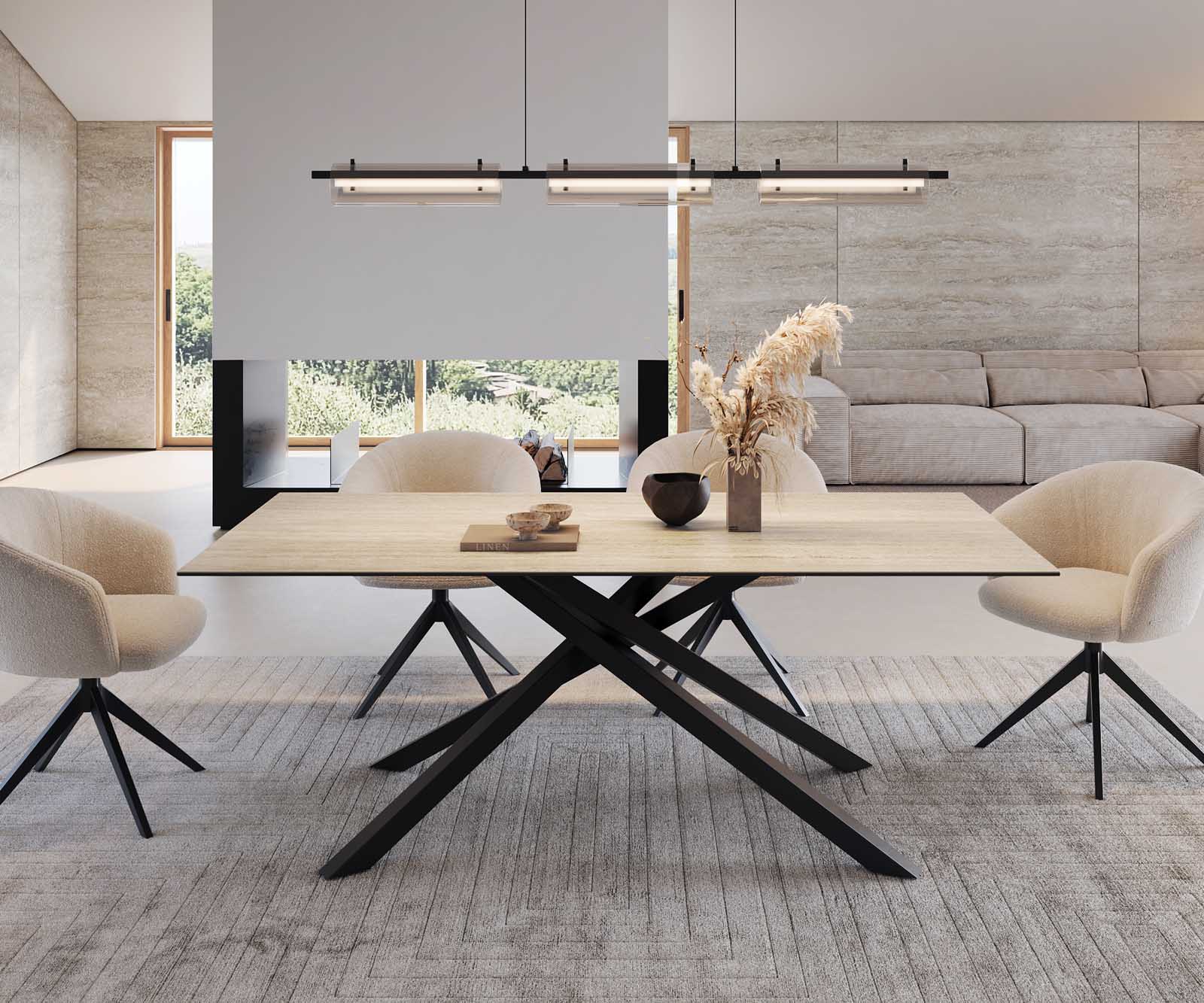 Esstisch Edge 200x100 Keramik Travertin Natur Kreuzgestell Rechteck Schwarz 2