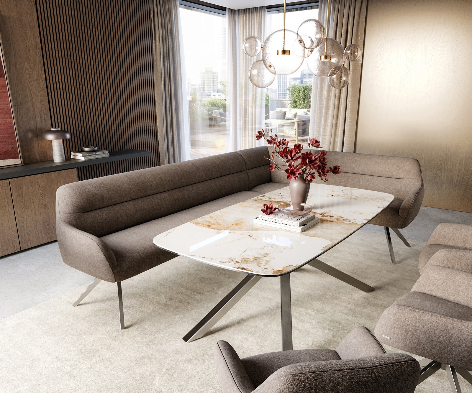 Esszimmerbank Taya-Flex 285x190 cm Strukturstoff Soft Taupe Kreuzgestell kantig Edelstahl Taschenfederkern Rechts