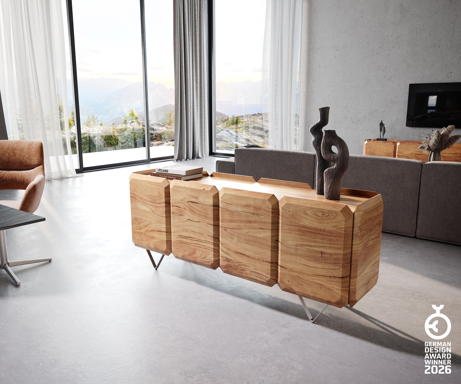 Sideboard Kiano 175 cm Akazie Natur 4 Türen V-Fuß Edelstahl Raumteiler