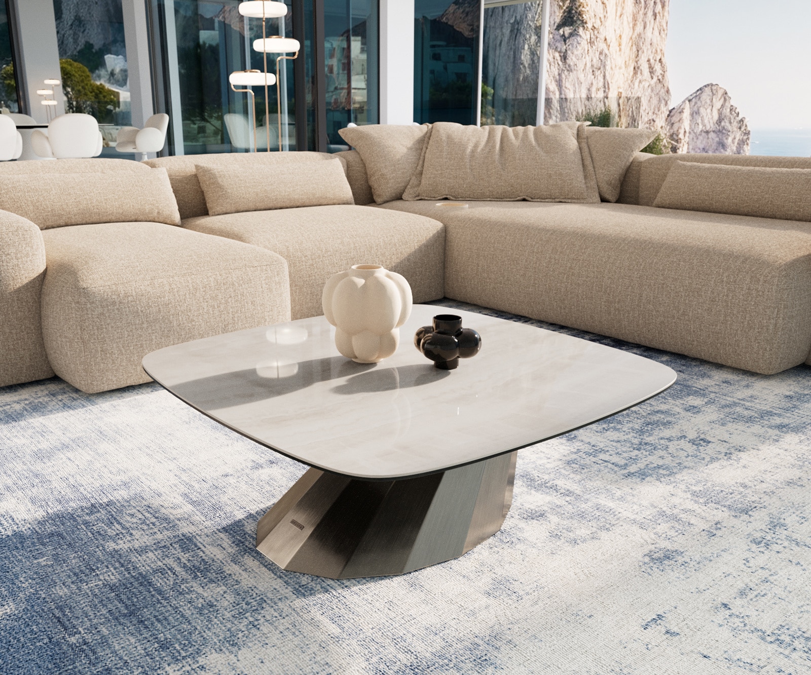 Couchtisch Edge Boot 90x90 cm Keramik Onyx Champagne Parabi Edelstahl gebürstet