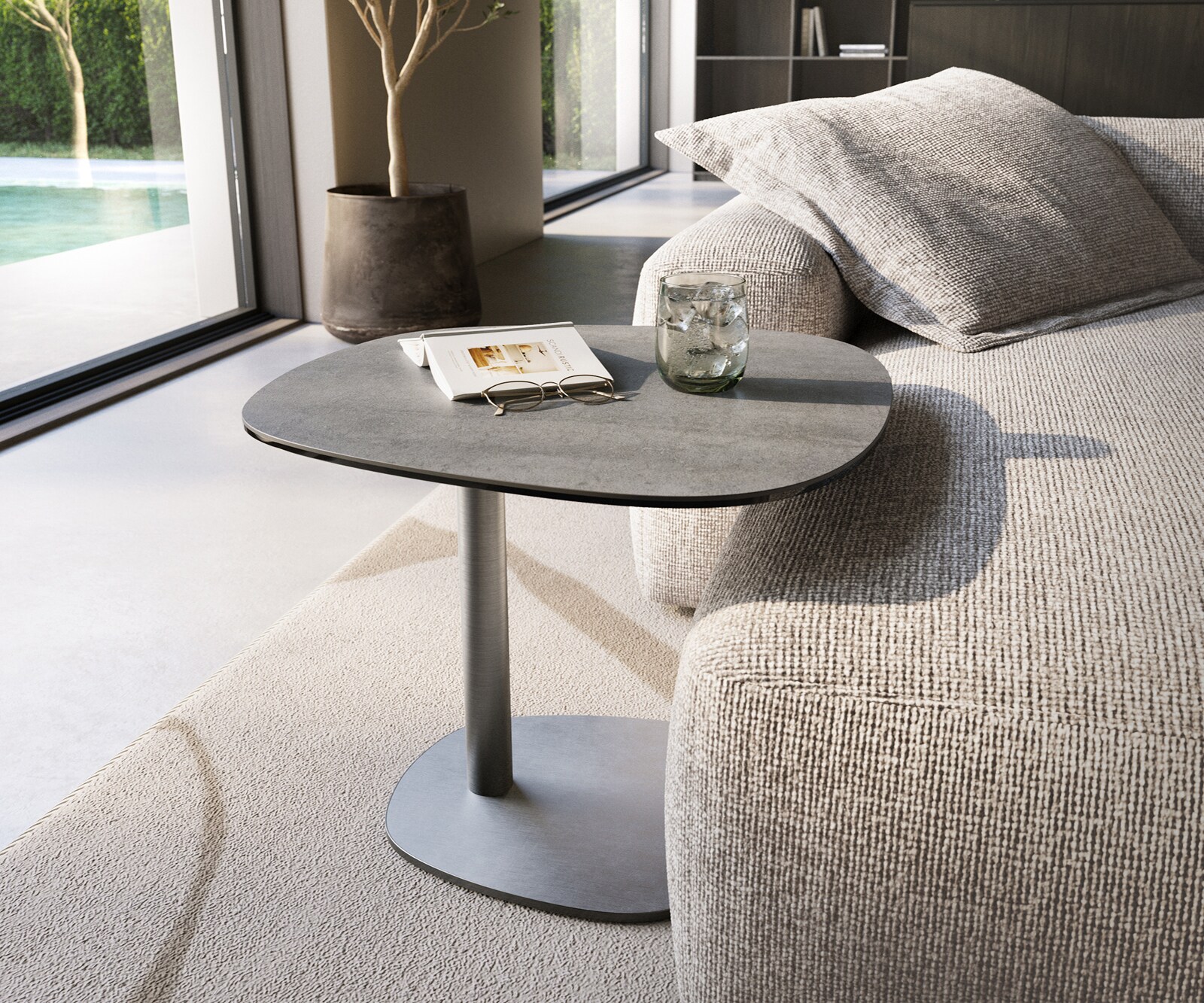 Beistelltisch Edge Boot 60x60 cm Keramik Beton Grau Eleny Edelstahl gebürstet