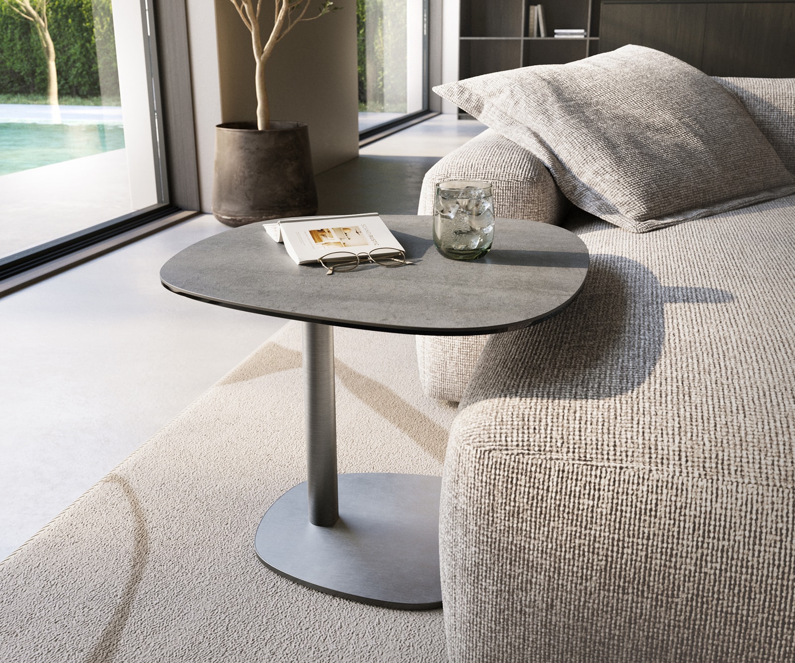 Beistelltisch Edge Boot 60x60 cm Keramik Beton Grau Eleny Edelstahl gebürstet