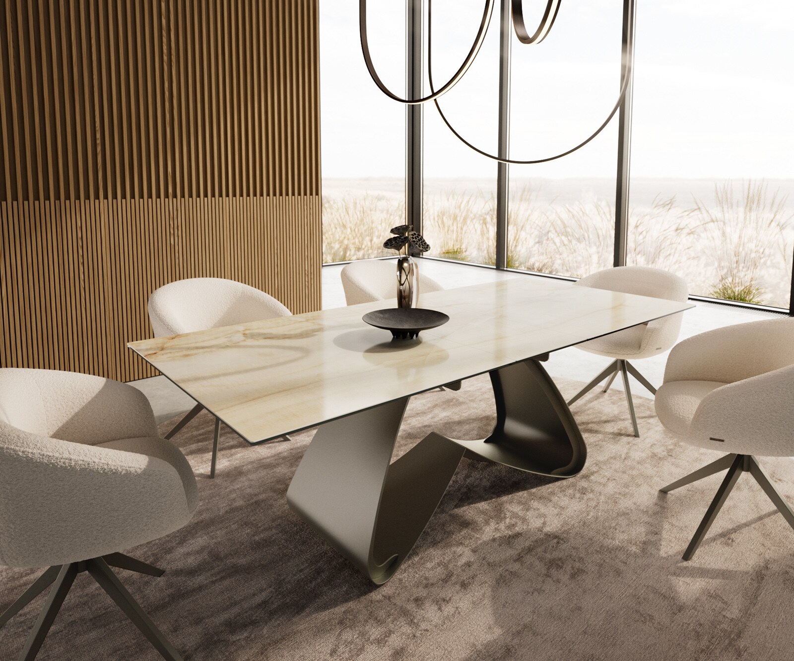 DELIFE Esstisch Edge 180-220x100 Keramik Laminam Onice Oro W-Gestell Effektfinish Titan ausziehbar
