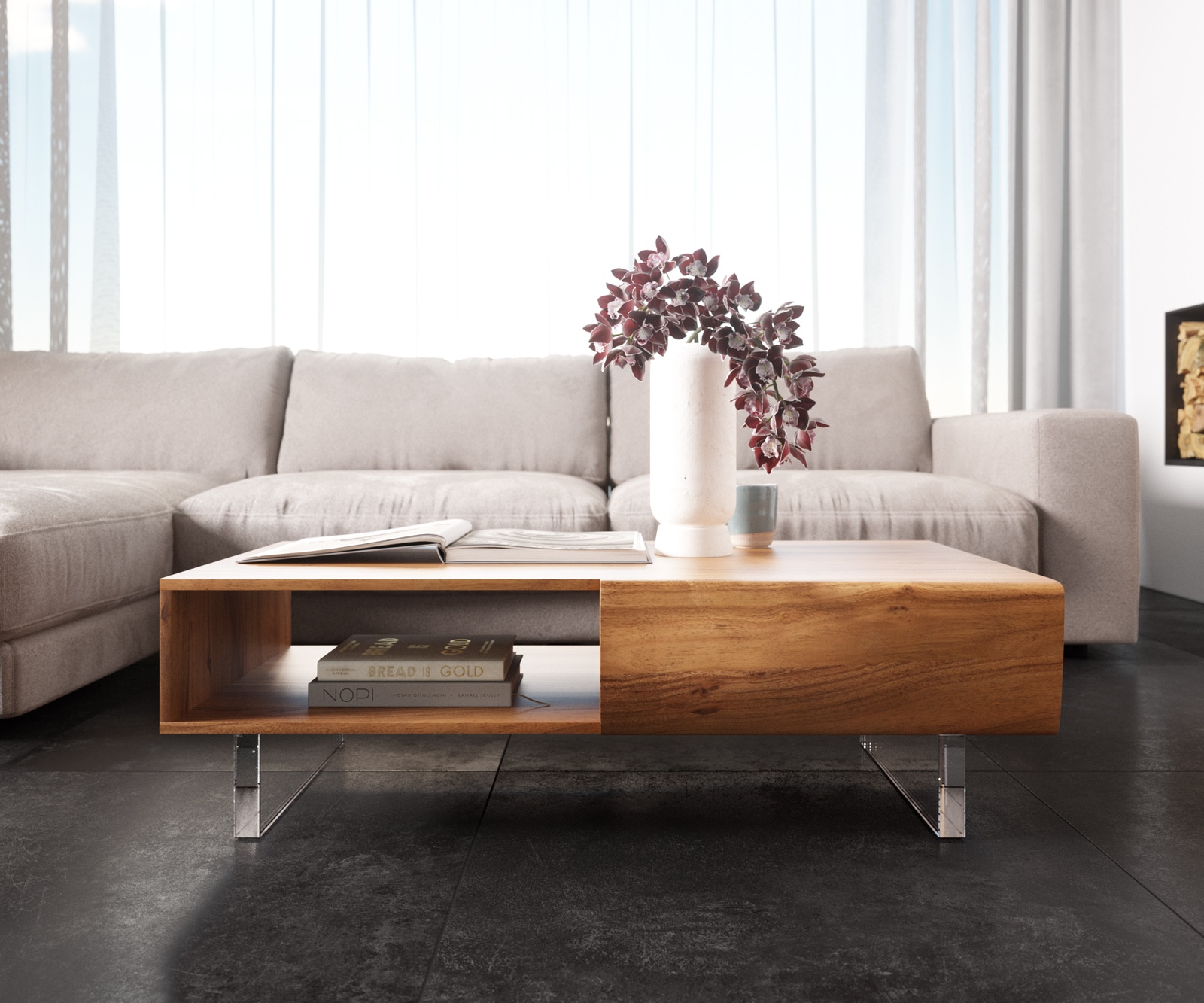 Couchtisch New Live-Edge 115x60 cm Akazie Natur 2 Schubladen 1 Fach Acrylfuß 1 Couchtisch New Live-Edge 115x60 cm Akazie Natur 2 Schubladen 1 Fach Acrylfuß 1